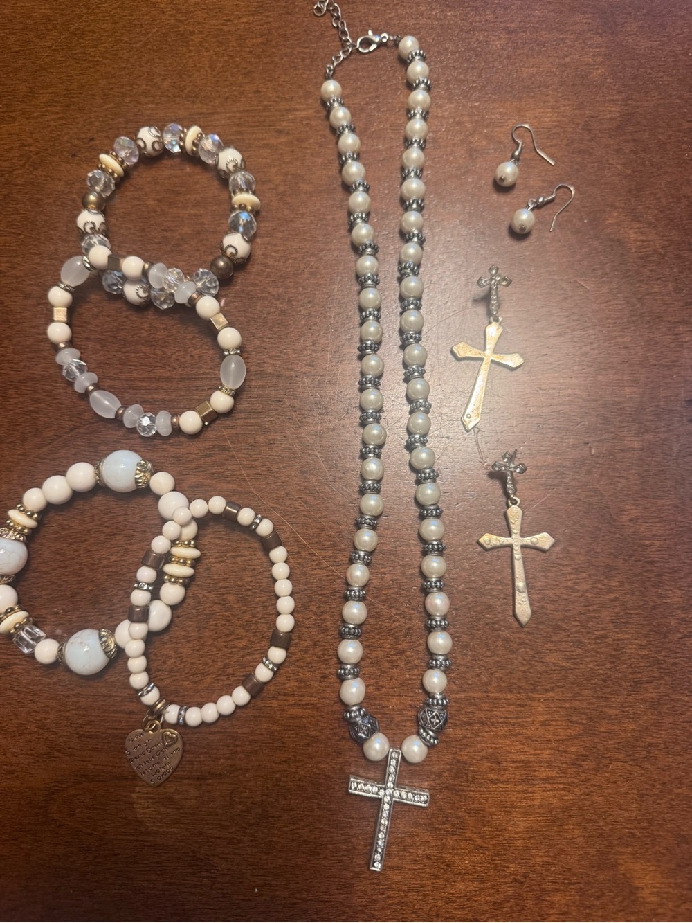 Pearl and Silver Cross Necklace with Matching Pearl Earrings - White